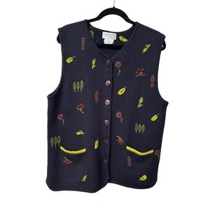 Vintage Rainbow Bridge Navy Wool Embroidered Floral Botanical Sweater Vest M